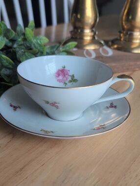 Haviland White Bone China Teacup and Saucer with Pink Rose and Gold Trim
